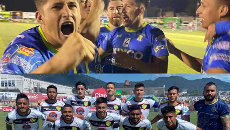Los jugadores de Mixco (arriba) y los de Xinabajul Huhue (abajo) se vislumbran como virtuales finalistas de la Primera División tras ganar las semifinales de ida. (Foto Prensa Libre: Facebook)