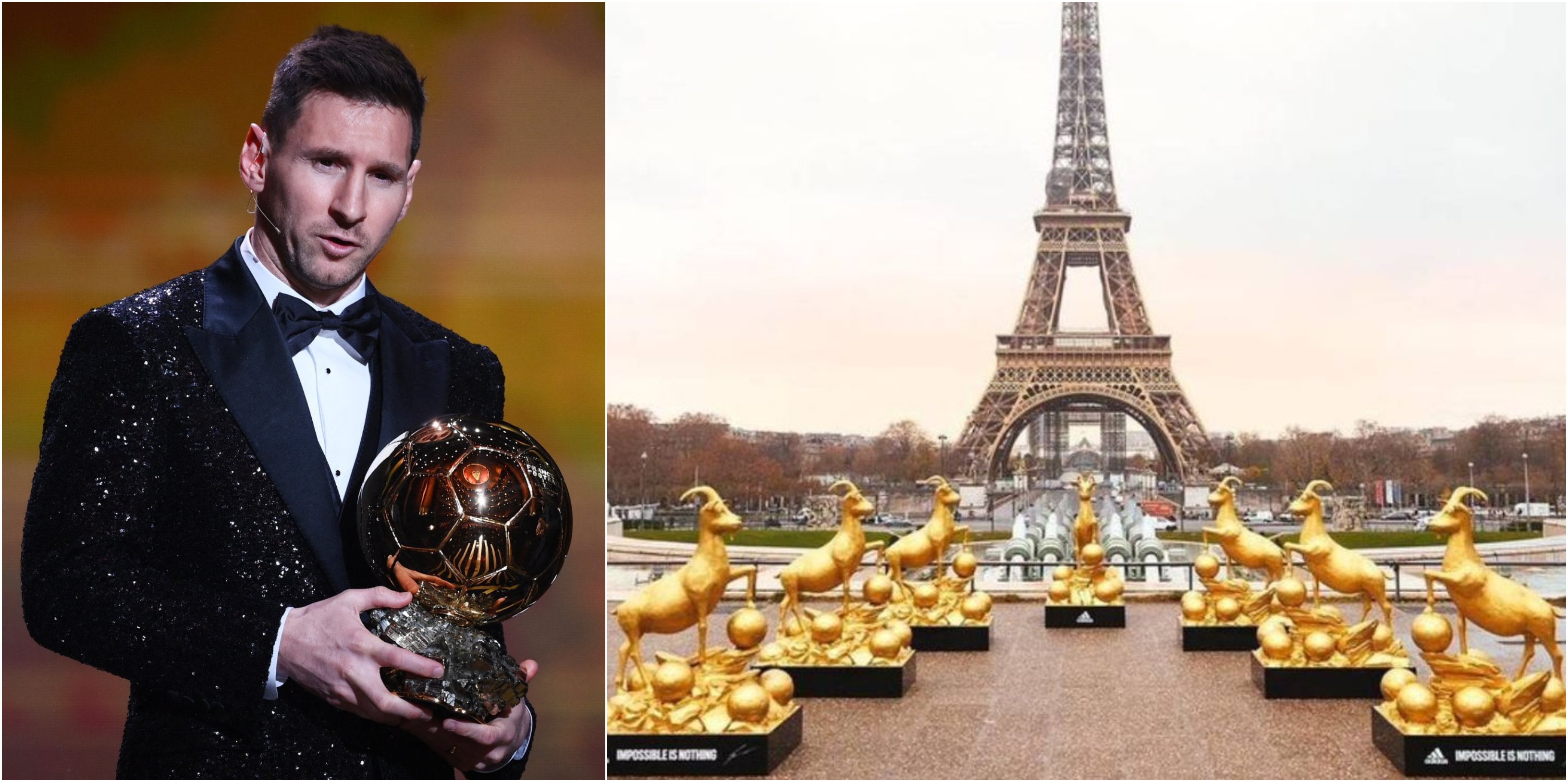 Leo Messi recibió el 29 de noviembre el Balón de Oro. Un día después colocaron siete cabras cerca de la icónica Torre Eiffel. Foto AFP y redes.  