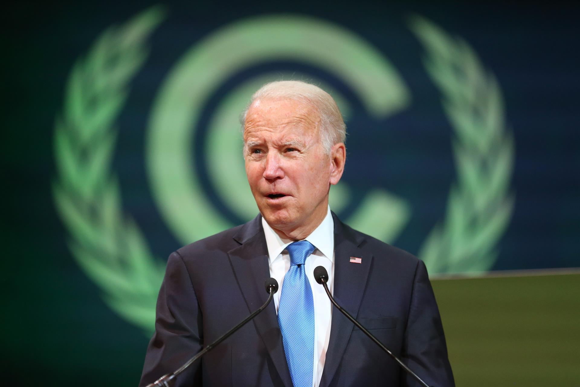 El presidente de Estados Unidos, Joe Biden, durante su intervención en la sesión de Acción sobre Bosques y Uso de la Tierra de la Conferencia de la ONU sobre Cambio Climático (COP26) en Glasgow. (Foto Prensa Libre: EFE) 