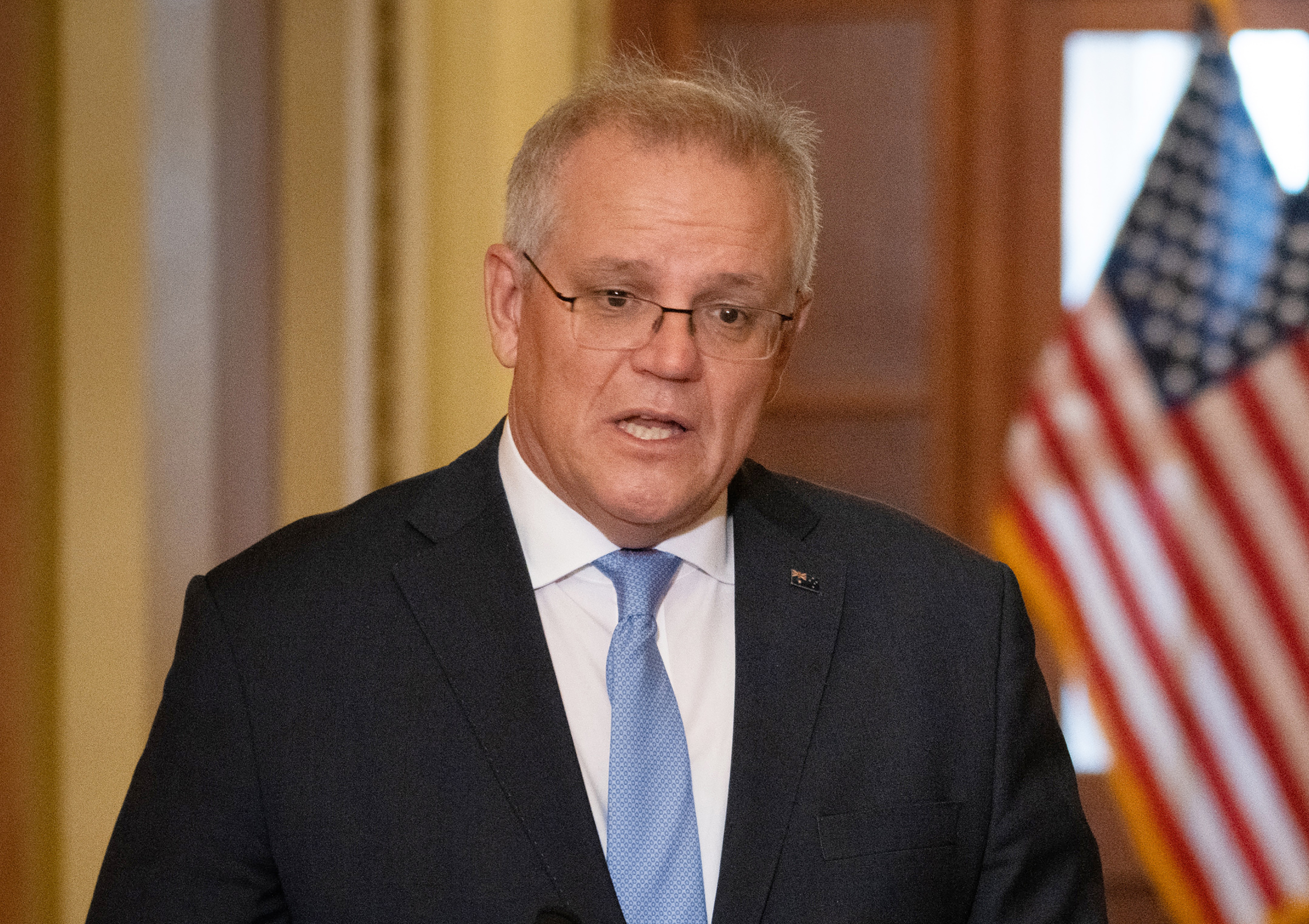 El primer ministro de Australia Scott Morrison, habla ante el Capitolio estadounidense en Washington, el 22 de septiembre de 2021. (Foto Prensa Libre: Sarahbeth Maney/The New York Times)