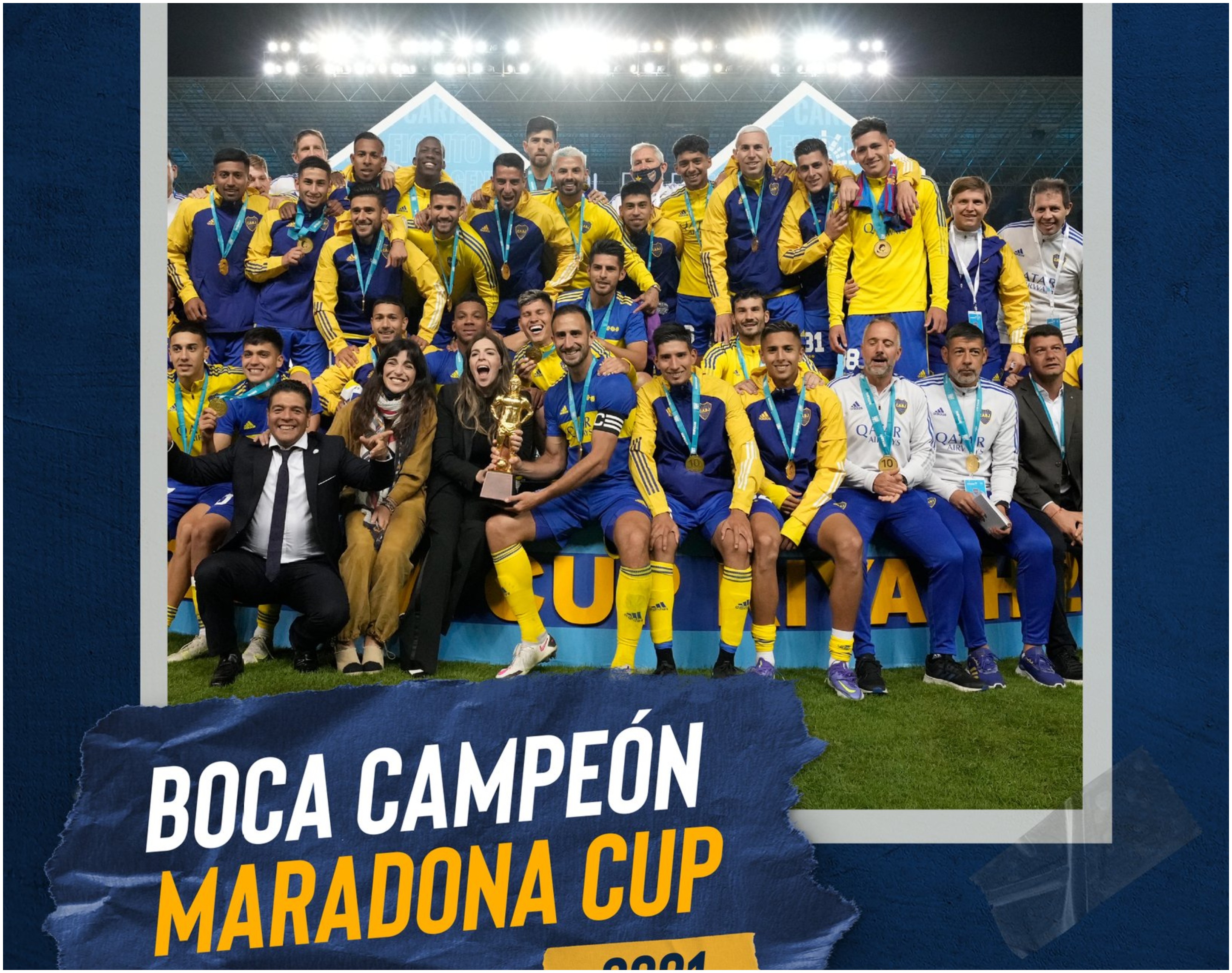 Esta foto la publicó Boca Juniors en su cuenta de Twitter. En ella aparecen las hijas del Diez, Dalma y Giannina junto con la Copa Diego Maradona. Foto @BocaJrsOficial