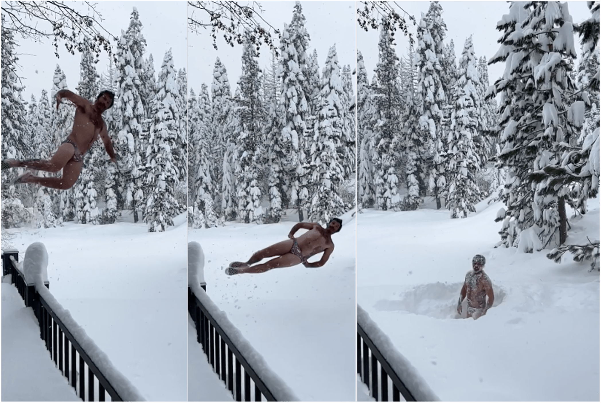 El hombre desafió al frío y se lanzó en traje de baño a la nieve. (Fotos Instagram/coachthedj).
