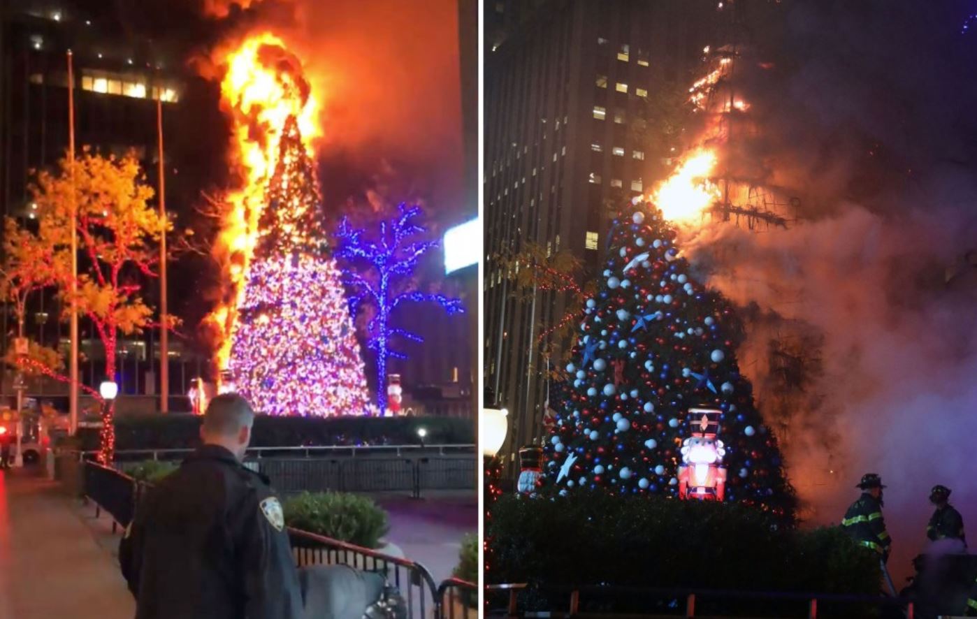 Hombre se sube a árbol de Navidad en Nueva York, le prende fuego y es arrestado. (Foto Prensa Libre: Twitter)