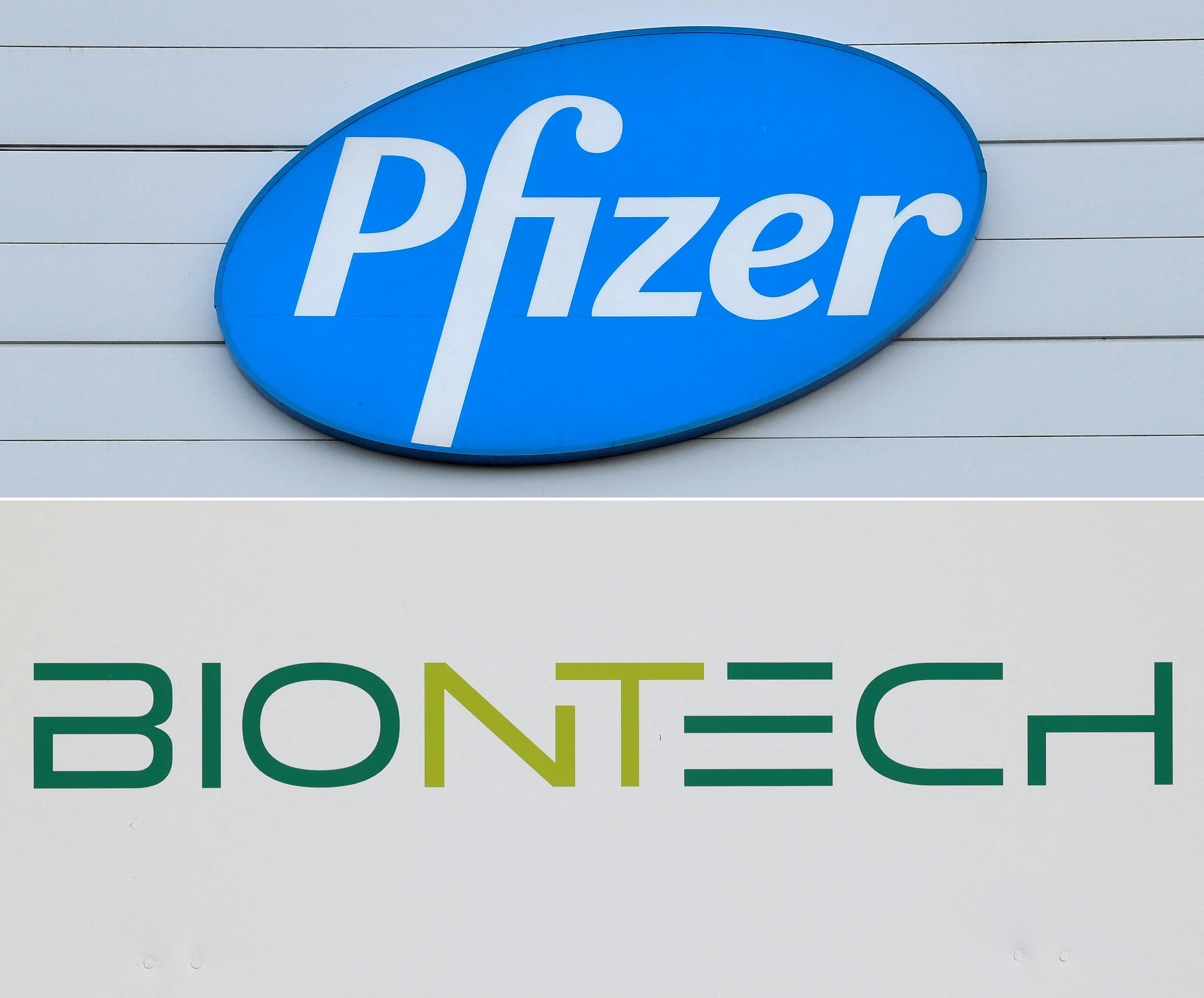 (FILES) This file photograph created on April 30, 2021, shows a combination of file photographs with the logo of US multinational pharmaceutical company Pfizer (top) at the production site of the Covid-19 vaccine in Puurs, Belgium, on December 22, 2020, and a logo of BioNTech (bottom) at the headquarters of the biopharmaceutical company in Mainz, western Germany. - Pfizer and BioNTech have begun enrollment for a clinical trial to test the safety and immune response of their Omicron-specific Covid-19 vaccine in adults aged up to 55, the companies said in a statement January 25, 2022.  Pfizer's CEO Albert Bourla previously said at a conference that the pharmaceutical giant could be ready to file for regulatory approval of the shot by March. (Photo by JOHN THYS and Yann Schreiber / AFP)