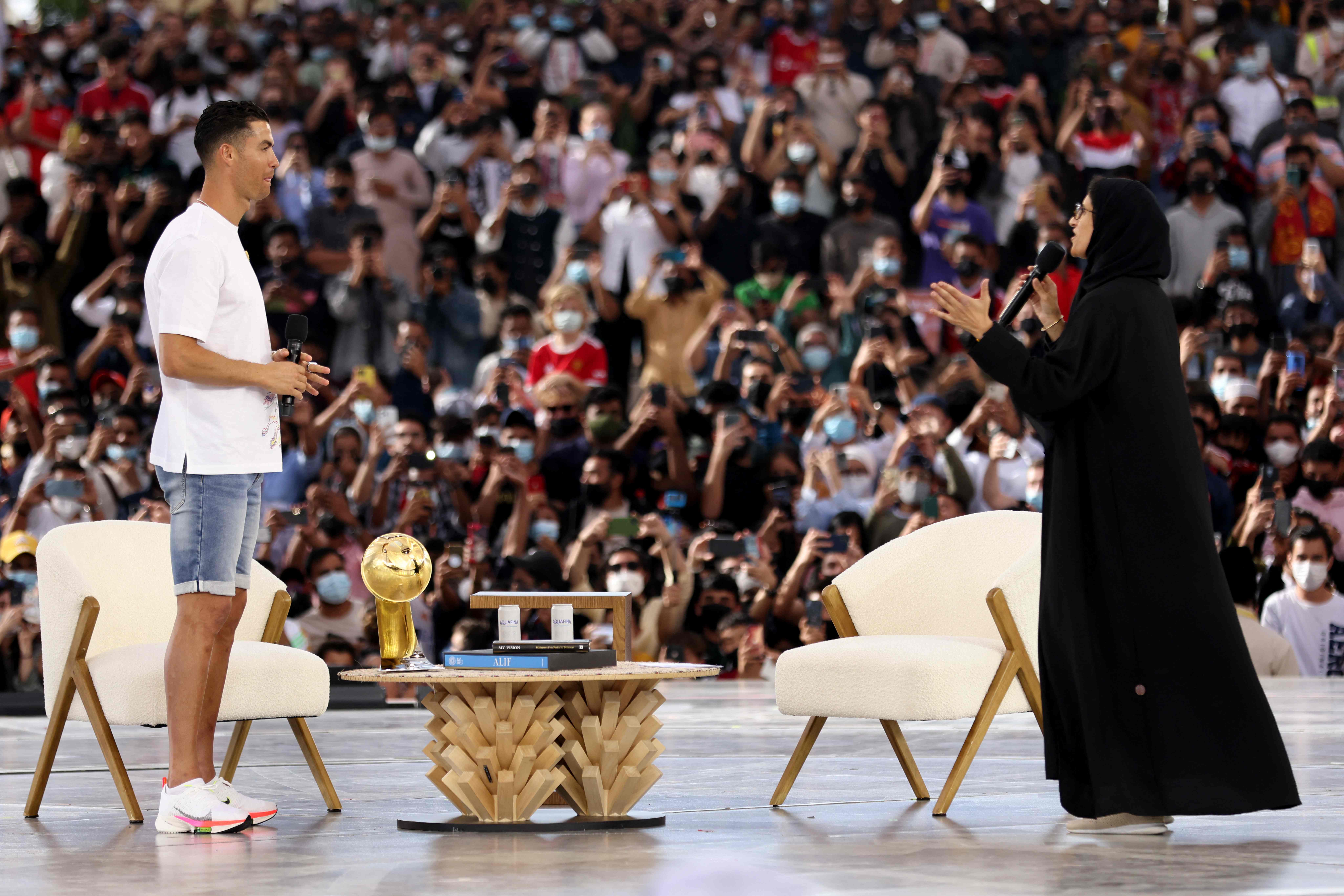 Manchester United's Portuguese striker Cristiano Ronaldo smiles during and interview at the al-Wasl Dome, during his visit to Expo 2020, in the Gulf emirate of Dubai, on January 28, 2022. (Photo by AFP)