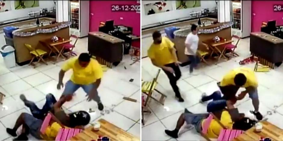 Video: con todo y sillas, empleados de heladería impiden asalto y someten a ladrón