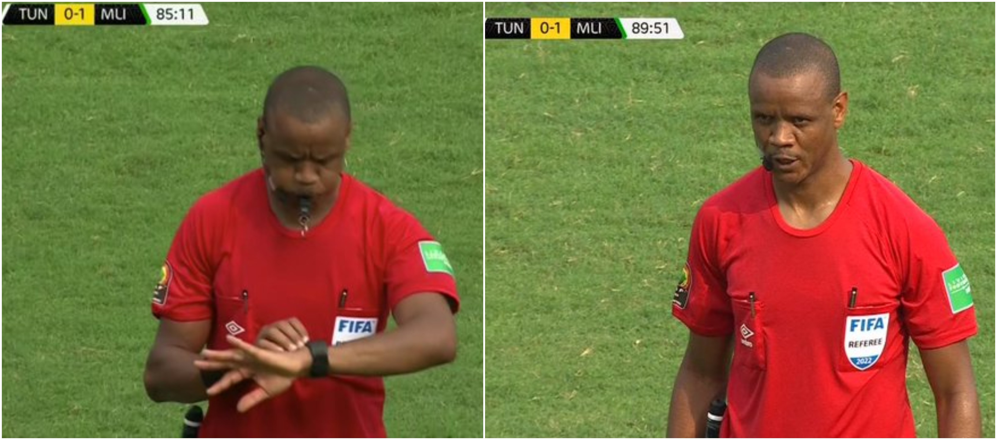 Un gran escándalo se desató en la jornada de este miércoles 12 de enero de la Copa Africana de Naciones cuando el árbitro Janny Sikazwe dio por terminado el encuentro entre las selecciones de Túnez y Mali dos veces antes del tiempo reglamentario. Foto captura de pantalla.