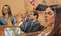 Lucero Sánchez da su testimonio (izquierda) mientras Emma Coronel y el Chapo escuchan en la corte. (Foto: Hemeroteca PL)