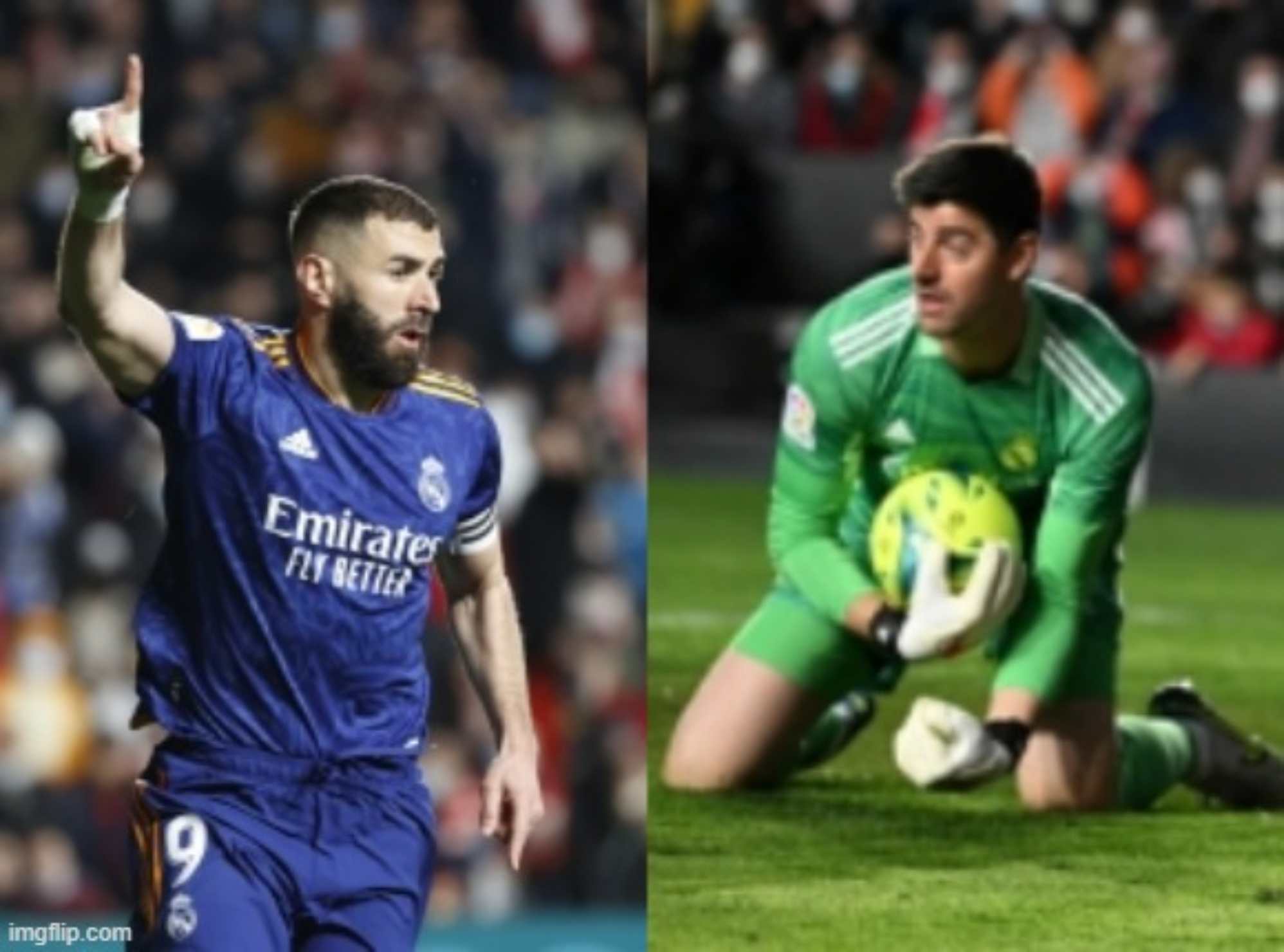 Los jugadores del Real Madrid Karim Benzema Y Thibaut Courtois tuvieron actuaciones destacadas frente al Rayo Vallecano. (Foto Prensa Libre: Twitter)