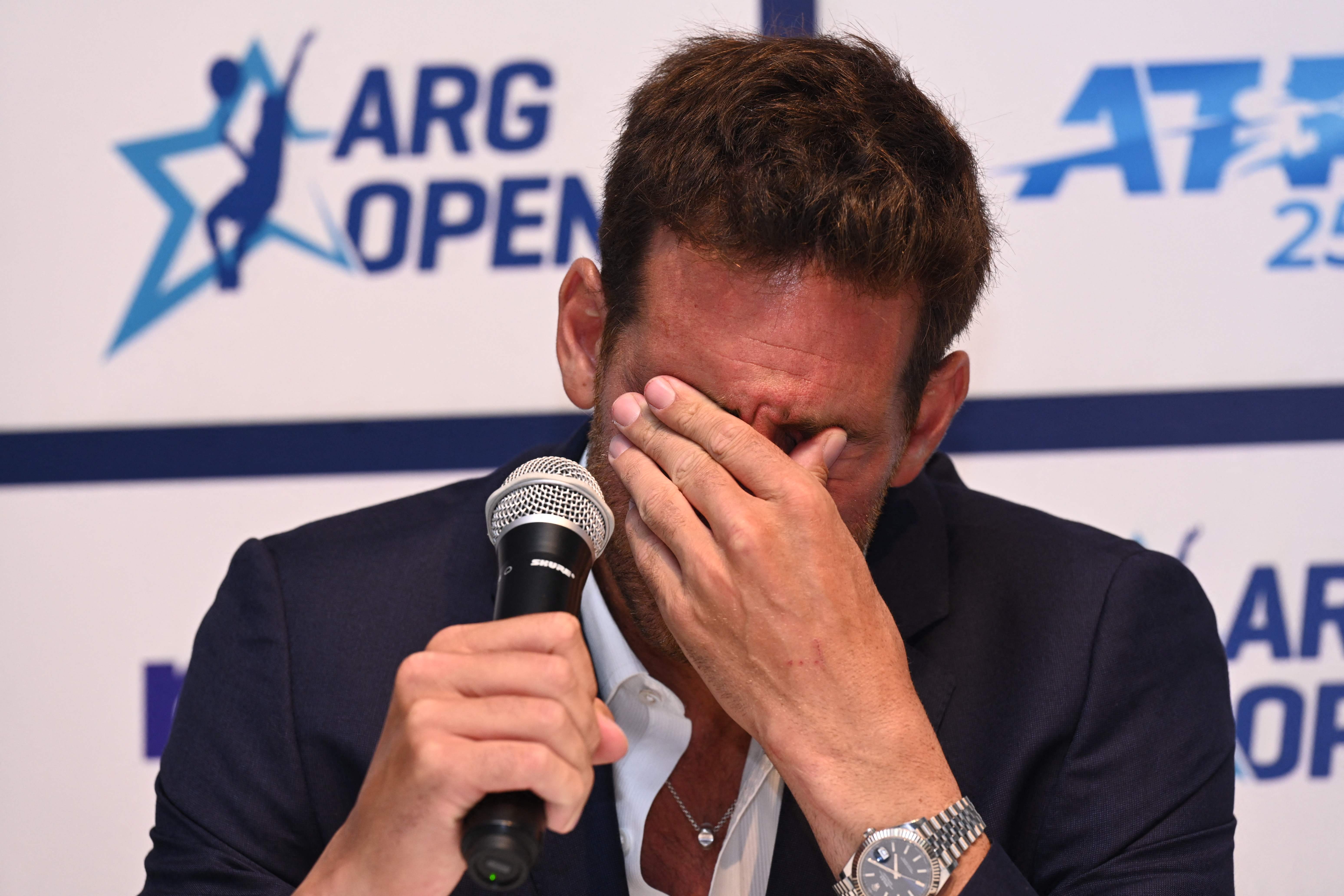 Argentine tennis player Juan Martin Del Potro, 33, gestures during a press conference in buenos Aires, on February 5, 2022. - Former US Open champion Juan Martin del Potro said Saturday his comeback next week after two and a half years of injury is 