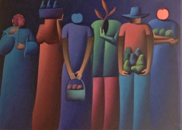 Seis personajes en azules y frutas es el nombre de esta pieza del artista Mauro López, quien falleció recientemente.  (Foto Prensa Libre:  Galería ProArte)