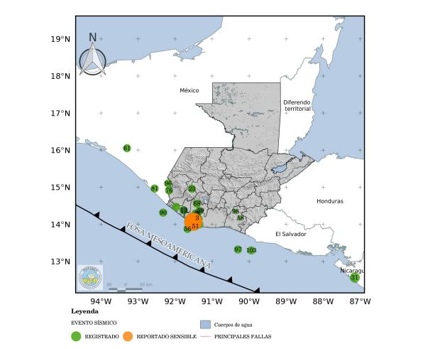 Mapa de Guatemala con los 109 sismos de las últimas 24 horas, el 17 de febrero de 2022, de los cuales 93 son réplicas del ocurrido la madrugada del 16 de febrero. (Foto Prensa Libre: Insivumeh)