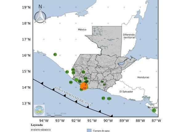 Mapa de Guatemala con los 109 sismos de las últimas 24 horas, el 17 de febrero de 2022, de los cuales 93 son réplicas del ocurrido la madrugada del 16 de febrero. (Foto Prensa Libre: Insivumeh)