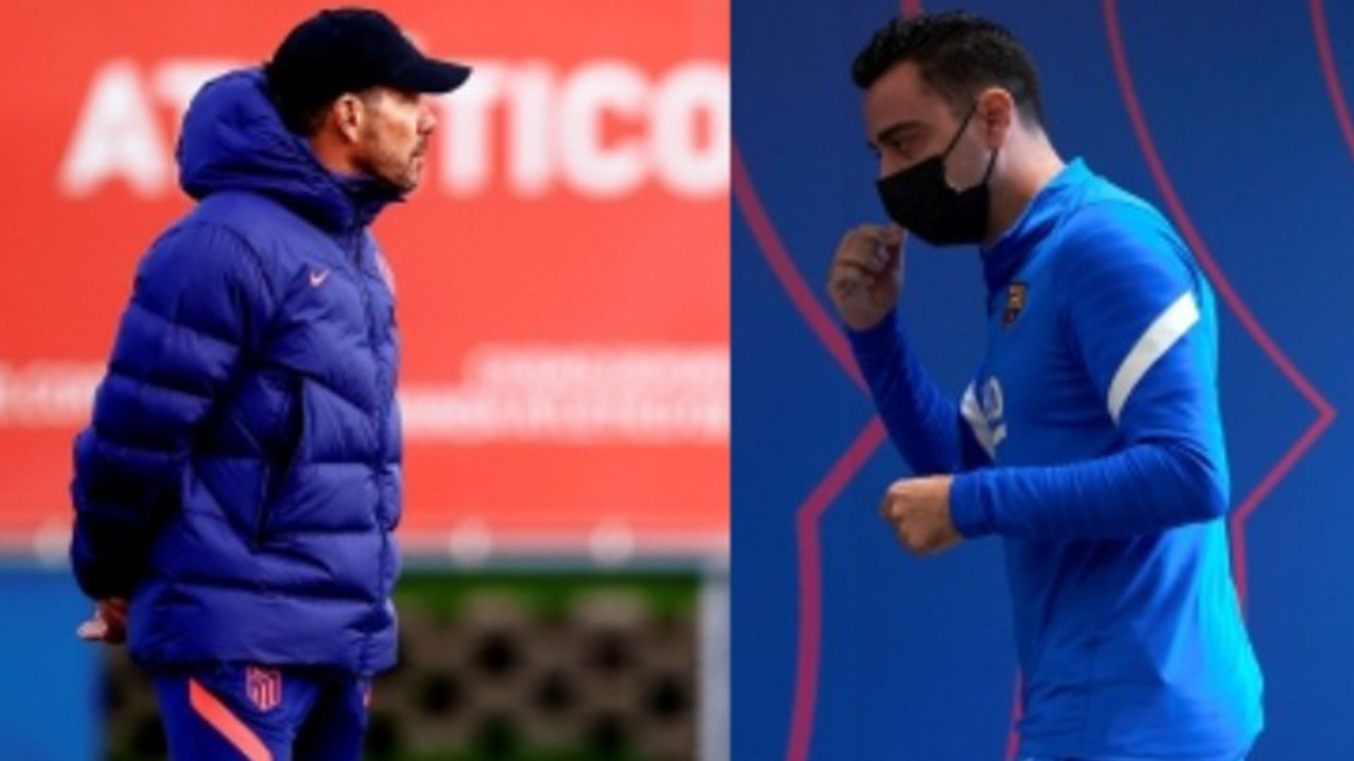 A la derecha el entrenador del Atlético de Madrid, Diego Simeone enfrentará este domingo al técnico del FC Barcelona Xavi Hernández. (Foto Prensa Libre: EFE)