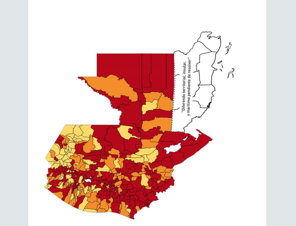 Mapa de Guatemala del Tablero covid-19 con los municipios en rojo, naranja y amarillo. (Actualizado al 5 de febrero de 2022) (Foto Prensa Libre: Ministerio de Salud)