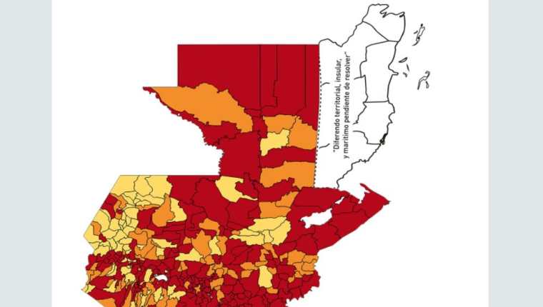 Mapa de Guatemala del Tablero covid-19 con los municipios en rojo, naranja y amarillo. (Actualizado al 5 de febrero de 2022) (Foto Prensa Libre: Ministerio de Salud)