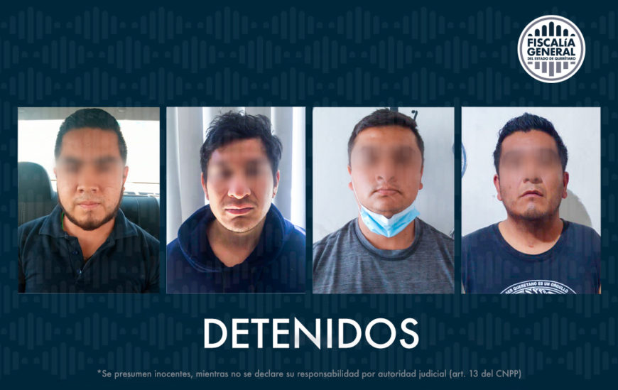 Esta imagen la publicó la Fiscalía General del estadio de Querétaro. En ella aparecen cuatro detenidos, uno de ellos entregado por su mamá. Foto redes. 