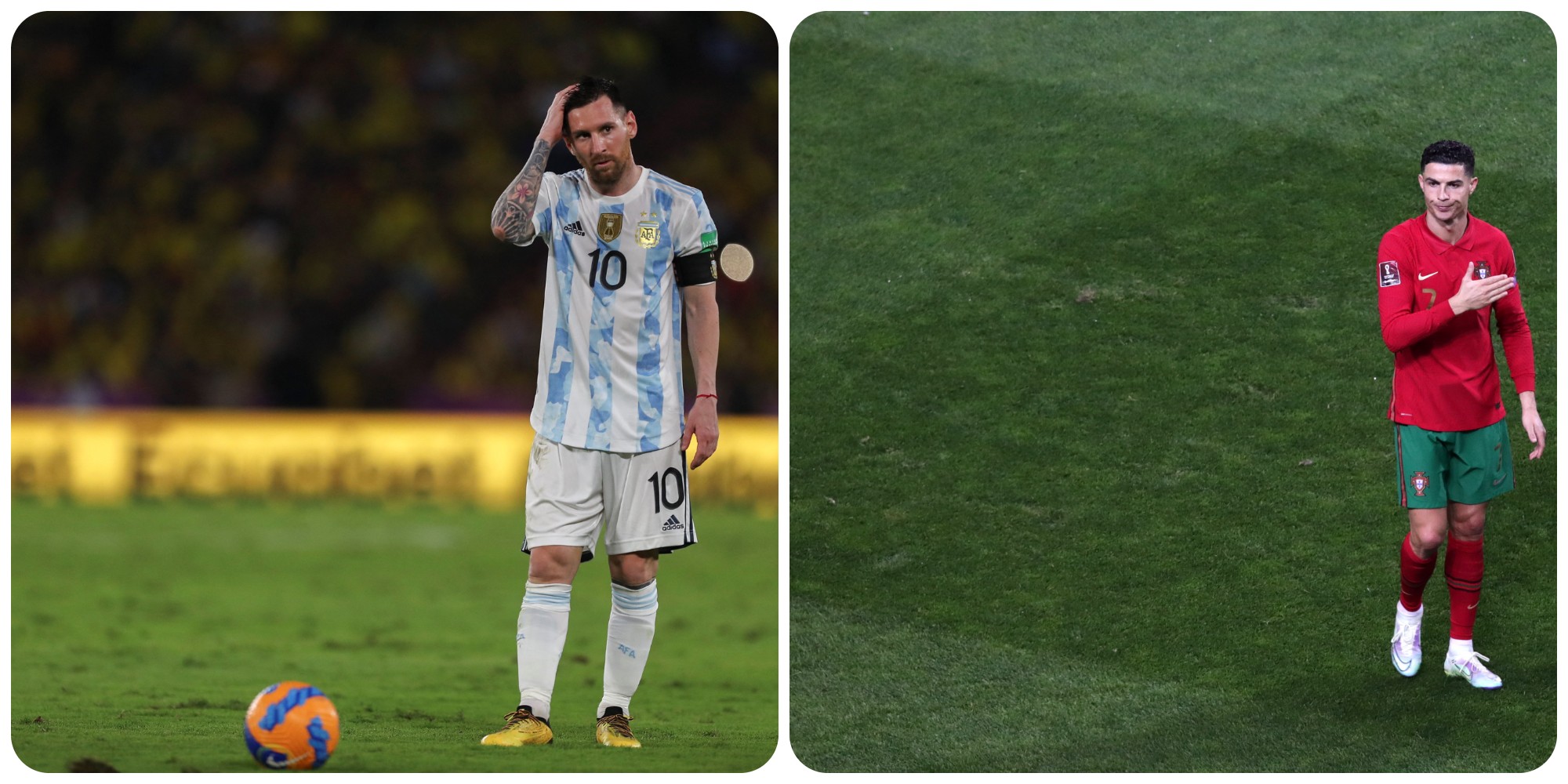 Es probable que los últimos quince años sean vistos casi de manera exclusiva a través de la lente de Messi y Ronaldo. (Foto Prensa Libre: AFP (Messi) y EFE (Ronaldo). 