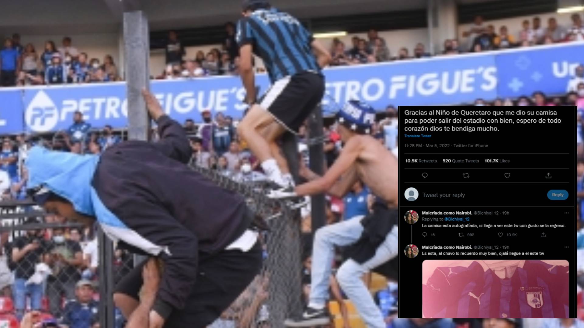 Imágenes de los aficionados de Querétaro al momento de causar problemas en el estadio Corregidora. (Foto Prensa Libre; twitter y EFE)