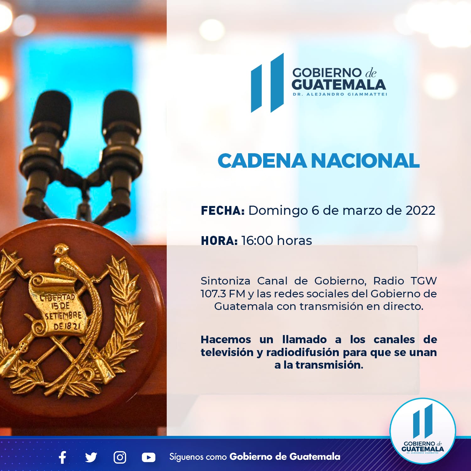 Cadena nacional este domingo a las 16 horas