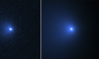 La imágen de la izquierda muestra el cometa el 8 de enero de 2022. La de la derecha muestra la "la coma", un sobre alrededor del núcleo de un cometa. (NASA, ESA, MAN-TO HUI (UNIVERSIDAD DE MACAO))