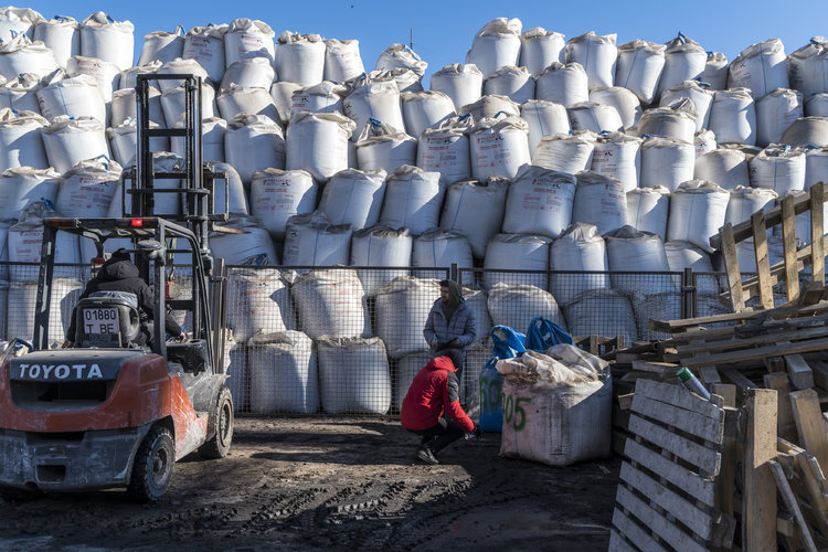 Trabajadores trasladan bolsas de fertilizantes agrícolas en el puerto de Mykolaiv, Ucrania, el 14 de febrero de 2022 (Foto Prensa Libre: Brendan Hoffman/The New York Times)