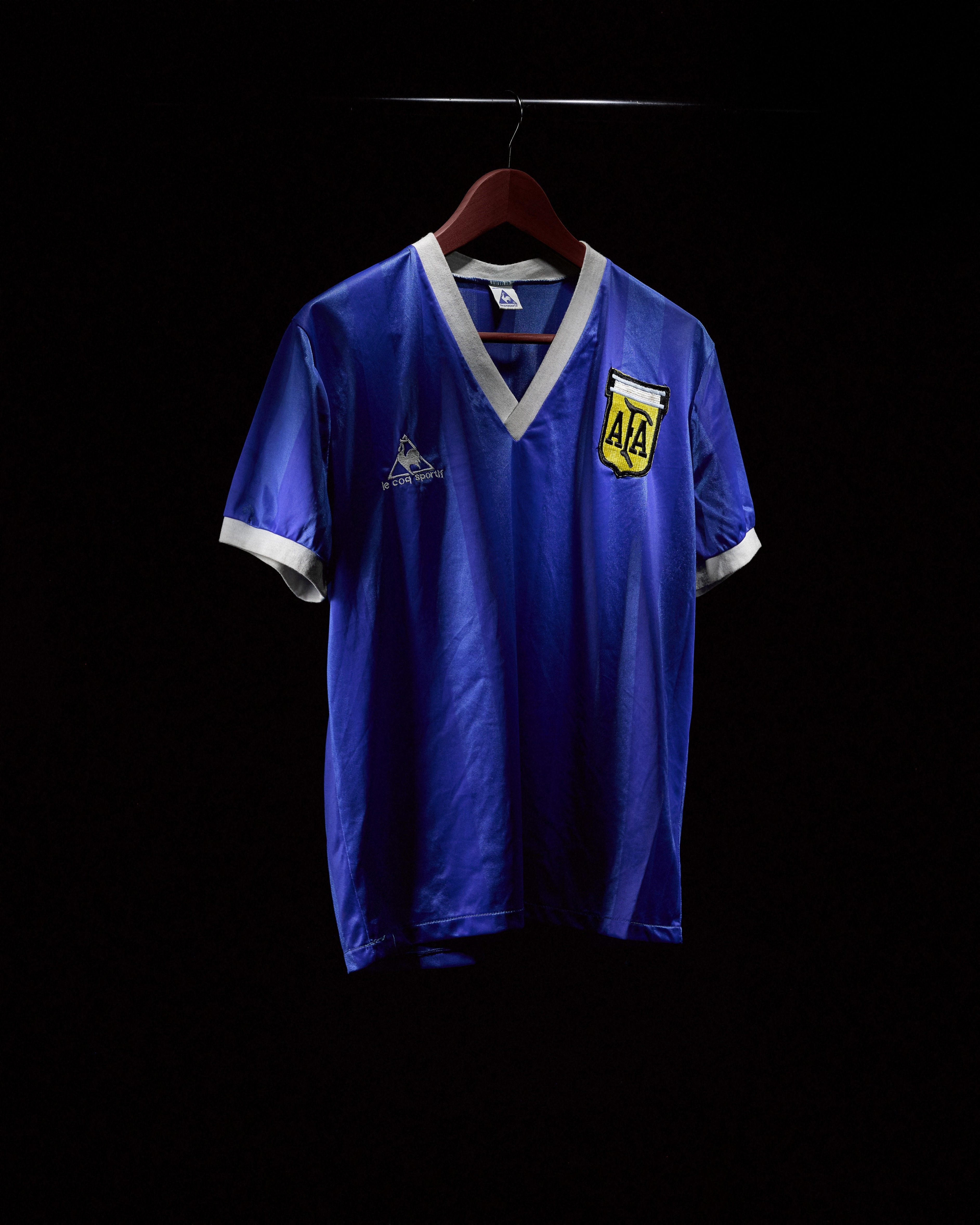 This undated handout photo courtesy Sotheby's shows the 1986 FIFA World Cup match shirt of Argentine soccer player Diego Maradona, which he was wearing when he scored the 