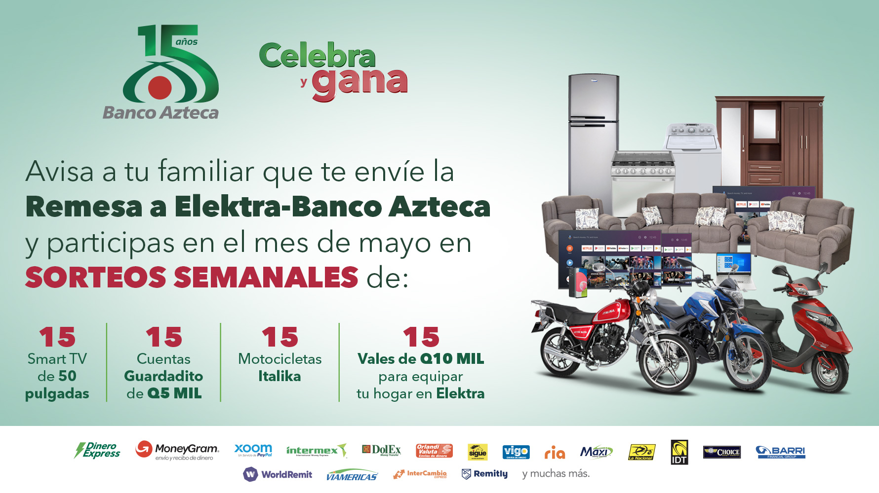 Banco Azteca celebra con su promoción de aniversario y premia la fidelidad de sus clientes en el envío y cobro de remesas. Foto Prensa Libre: Cortesía.