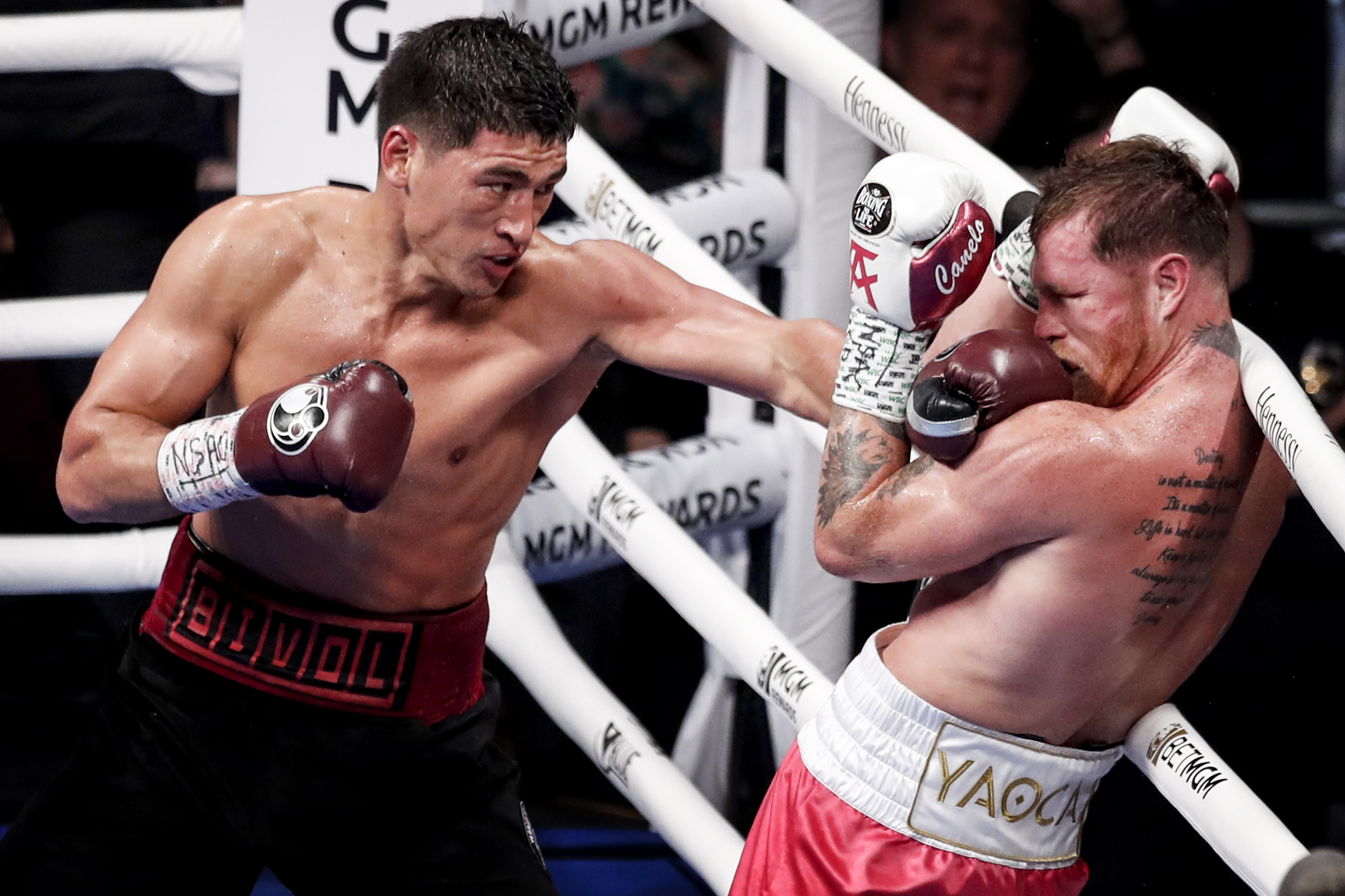 -FOTODELDIA- Las Vegas (Estados Unidos), 08/05/2022.- El ruso Dmitry Bivol (i) contra el mexicano Saul 'Canelo' Alvarez (d) durante el combate por el título mundial superligero de la AMB a 12 asaltos en el T -Mobile Arena en Las Vegas, Nevada, EE.UU., 07 de mayo de 2022. EFE/ETIENNE LAURENT