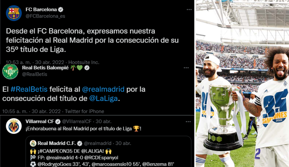 Capturas de las felicitaciones de otros equipos y Benzema y Marcelo junto con la copa de campeones de Liga. Foto Prensa Libre