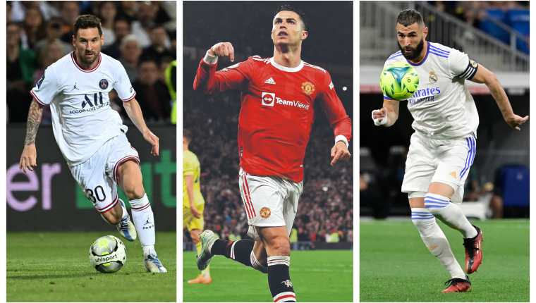 Lionel Messi, Cristiano Ronaldo y Karim Benzema podrían jugar su último Mundial. (Foto Prensa Libre: AFP y EFE)