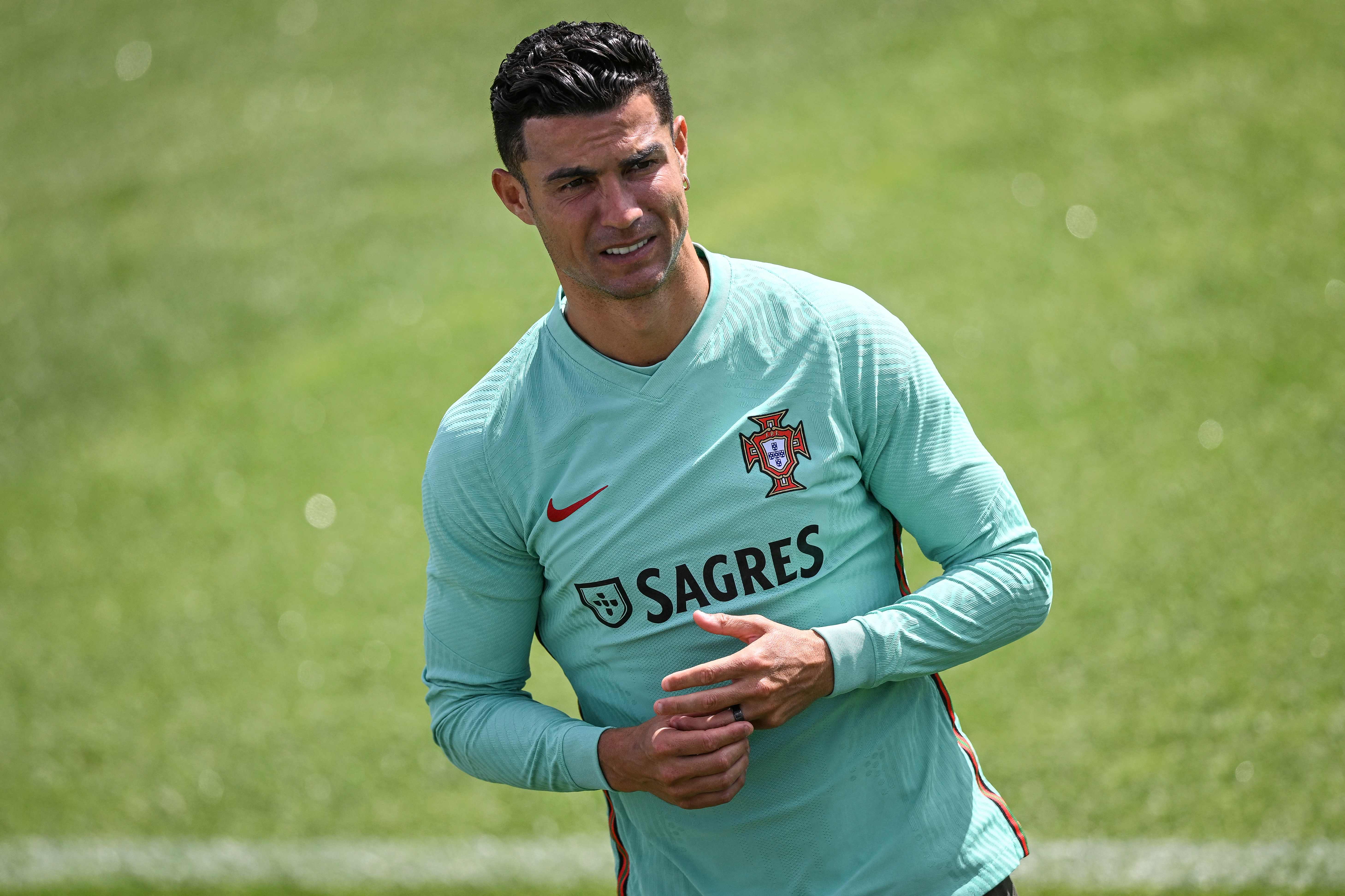 Portugal's forward Cristiano Ronaldo attends a training session at 