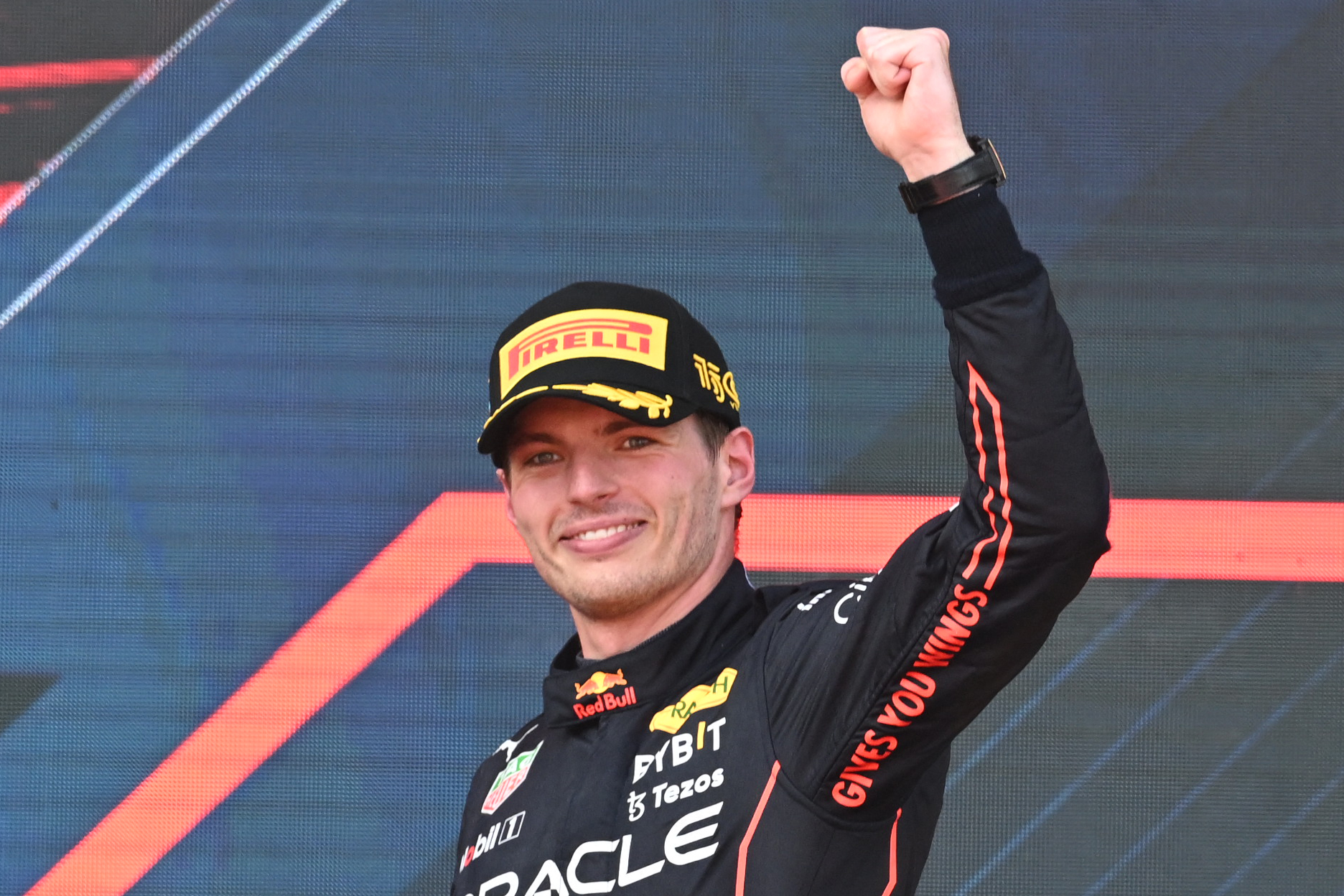 Max Verstappen celebra en el podio. Foto Prensa Libre (AFP)