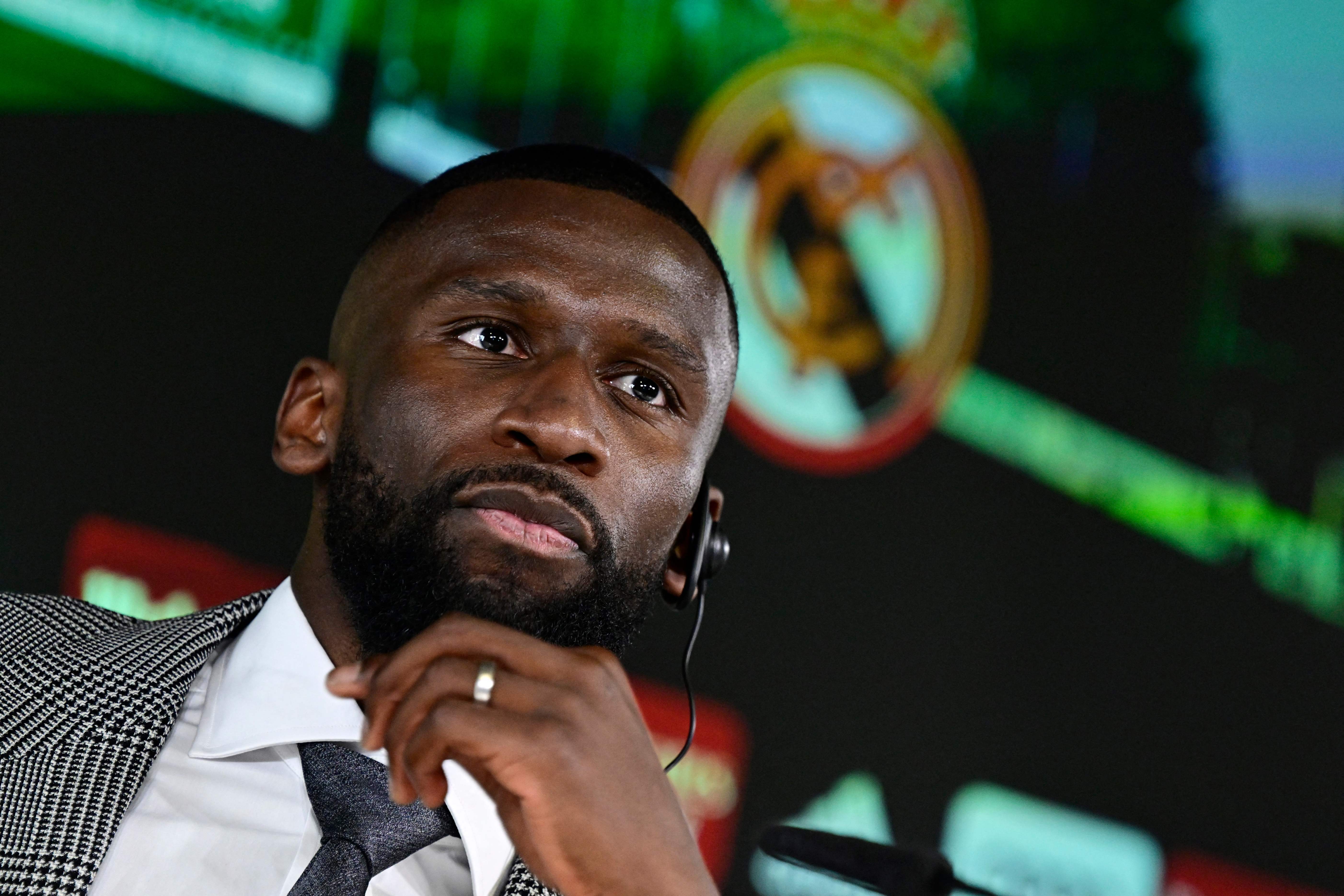 German defender Antonio Rudiger holds a press conference during his official presentation as a new Madrid CF player, at the Ciudad Real Madrid in Valdebebas, on the outskirts of Madrid, on June 20, 2022. (Photo by JAVIER SORIANO / AFP)