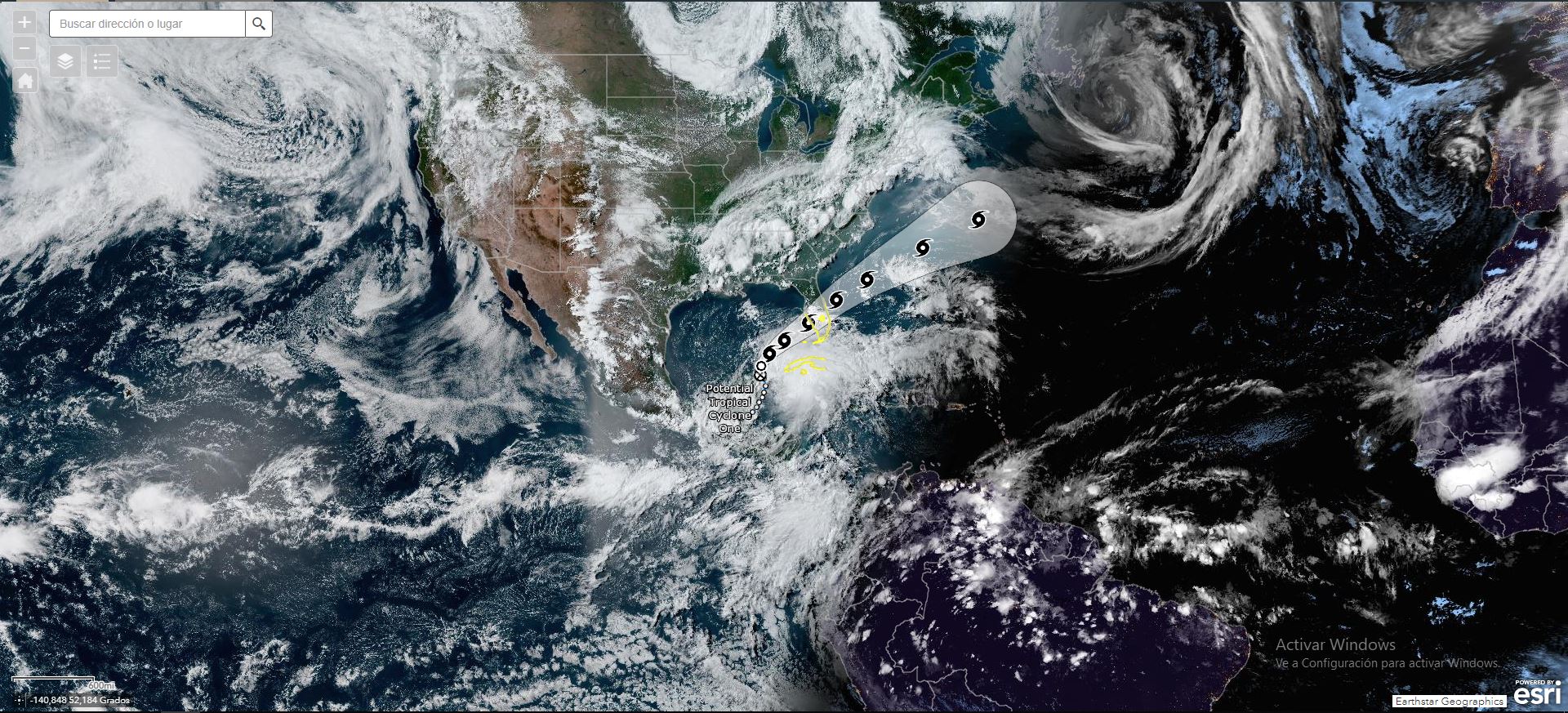 Trayectoria de la depresión tropical UNO. (Foto Prensa Libre: Tomada de noaa.maps.arcgis.com)