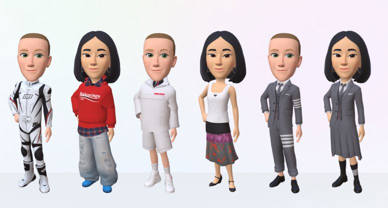 Zuckerberg y su vicepresidenta de Moda muestran sus avatares con distintos atuendos disponibles en la tienda de alta costura. (Foto Prensa Libre: Meta)