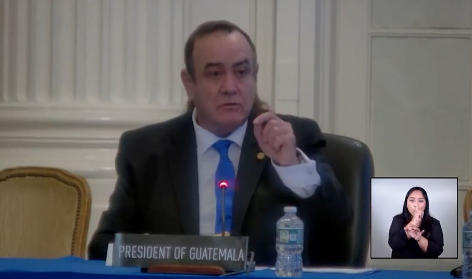 Alejandro Giammattei en su mensaje en la OEA en donde criticó a la CIDH y su informe sobre derechos humanos. (Foto Prensa Libre: Captura de video)