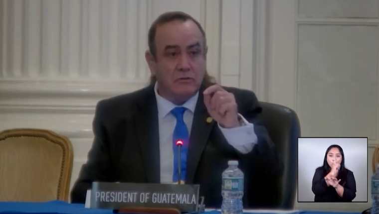 Alejandro Giammattei en su mensaje en la OEA en donde criticó a la CIDH y su informe sobre derechos humanos. (Foto Prensa Libre: Captura de video)