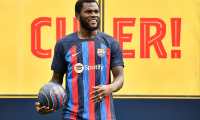 FC Barcelona's new Ivorian midfielder Franck Kessie looks on during his presentation ceremony at the Joan Gamper training ground in Sant Joan Despi, near Barcelona on July 6, 2022. (Photo by Pau BARRENA / AFP)