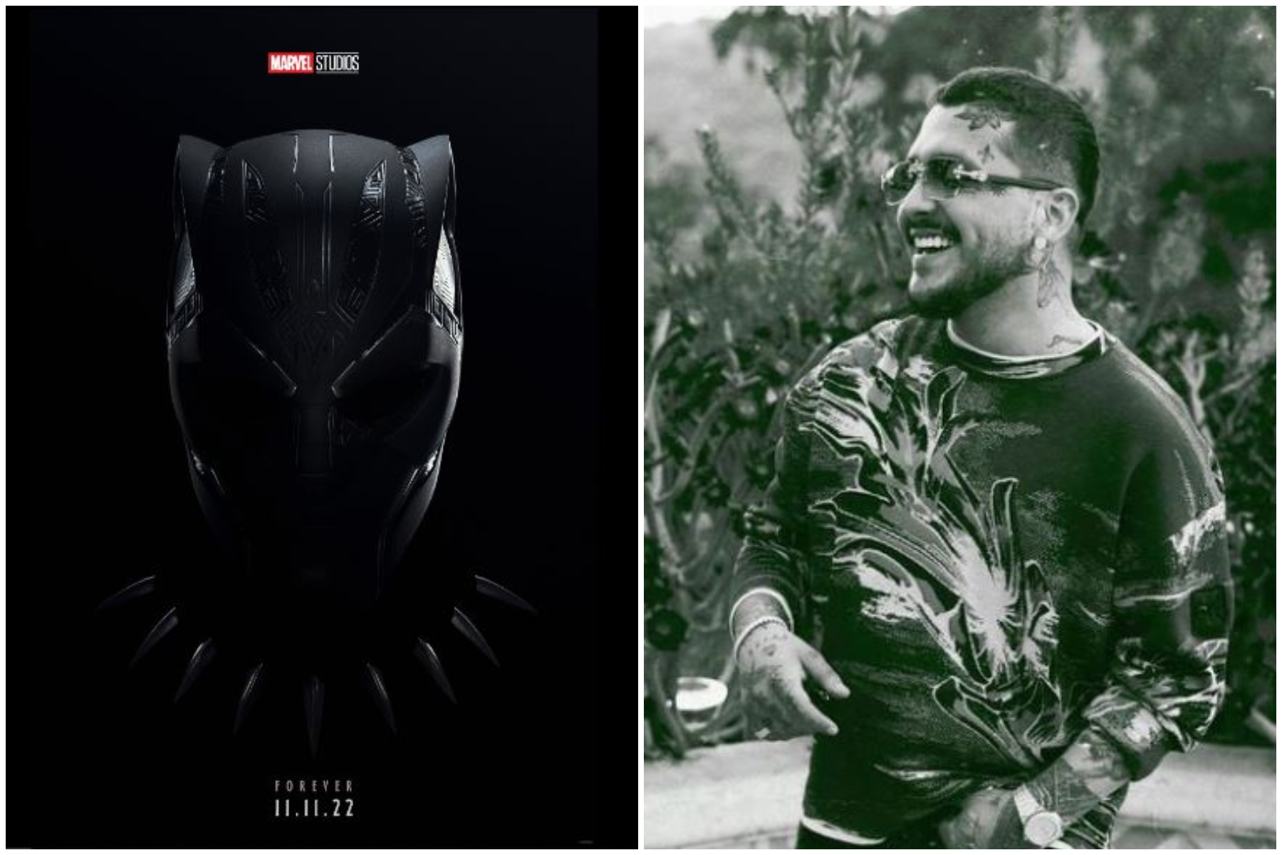 Durante una entrevista, Christian Nodal dijo que haría la "musicalización de Black Panther". (Foto Prensa Libre: Instagram @nodal y IMDB).