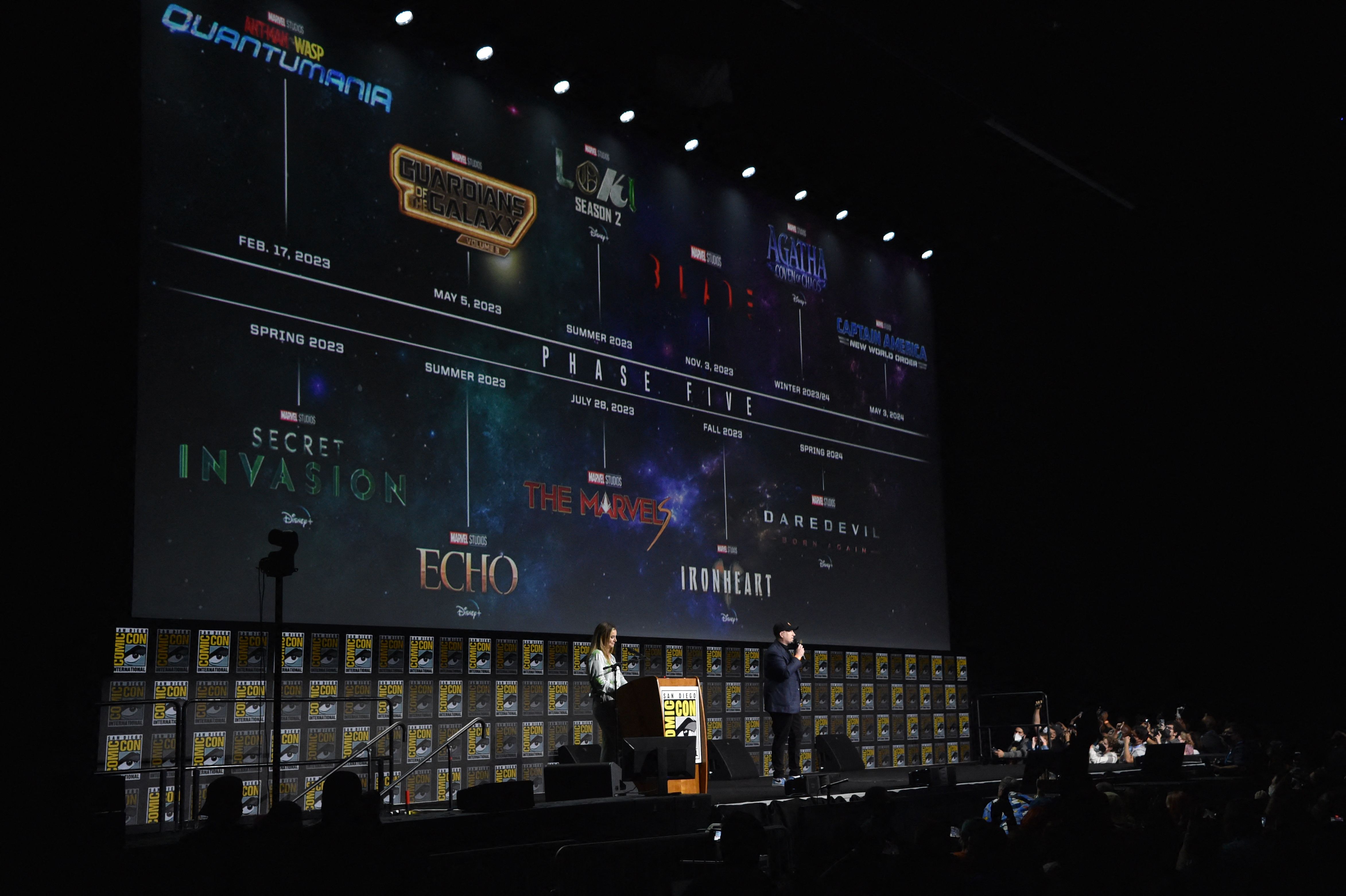 president of Marvel Studios Kevin Feige speaks during the Marvel panel in Hall H of the convention center during Comic Con in San Diego, California, July 23, 2022. (Photo by Chris Delmas / AFP)