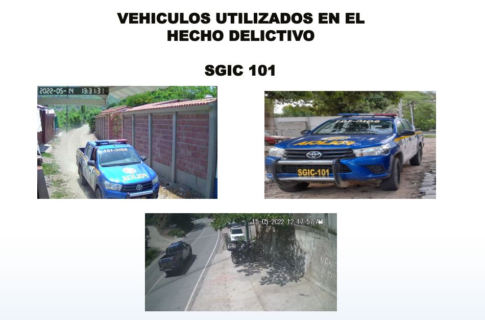 La patrulla de la PNC SGIC-101 fue captada por cámaras de vigilancia y es una de las que habrían usado los agentes en el cateo ilegal en Agua Blanca, Jutiapa, de donde habrían robado Q100 mil. (Foto Prensa Libre: Presentación del MP)