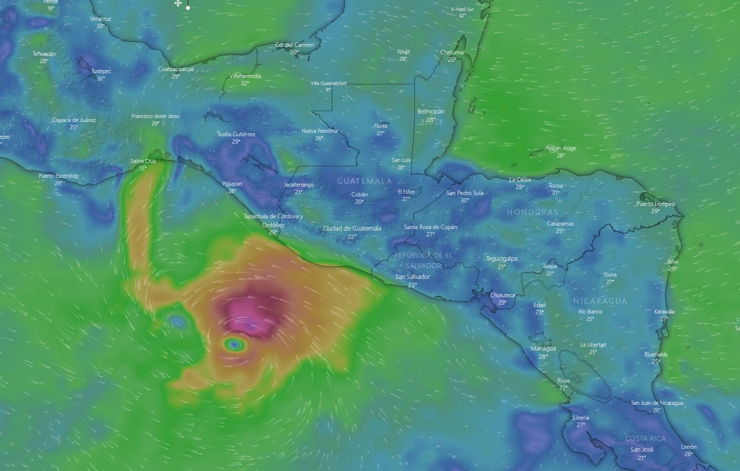 Las autoridades guatemaltecas están en apresto ante el avance de la tormenta tropical Bonnie hacia territorio nacional. (Foto Prensa Libre:  Windy)