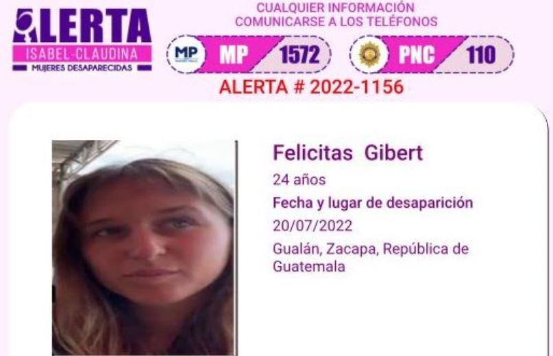 Felicitas Giber tenía activa una alerta Isabel Claudina. (Foto Prensa Libre: MP)