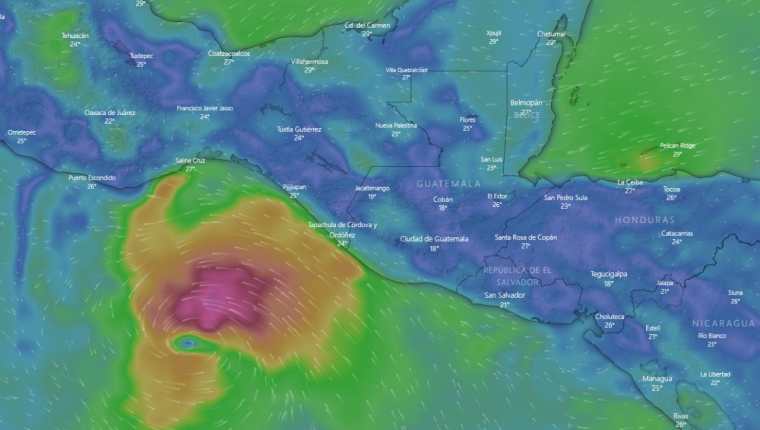 Las autoridades guatemaltecas están en apresto ante el avance del huracán Bonnie en territorio mexicano. (Foto Prensa Libre:  Windy)