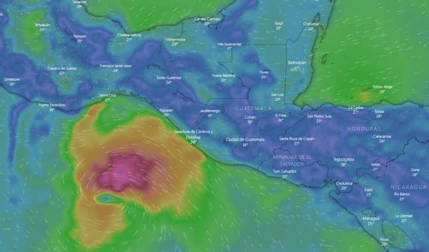Las autoridades guatemaltecas están en apresto ante el avance de la tormenta tropical Bonnie hacia territorio nacional. (Foto Prensa Libre:  Windy)
