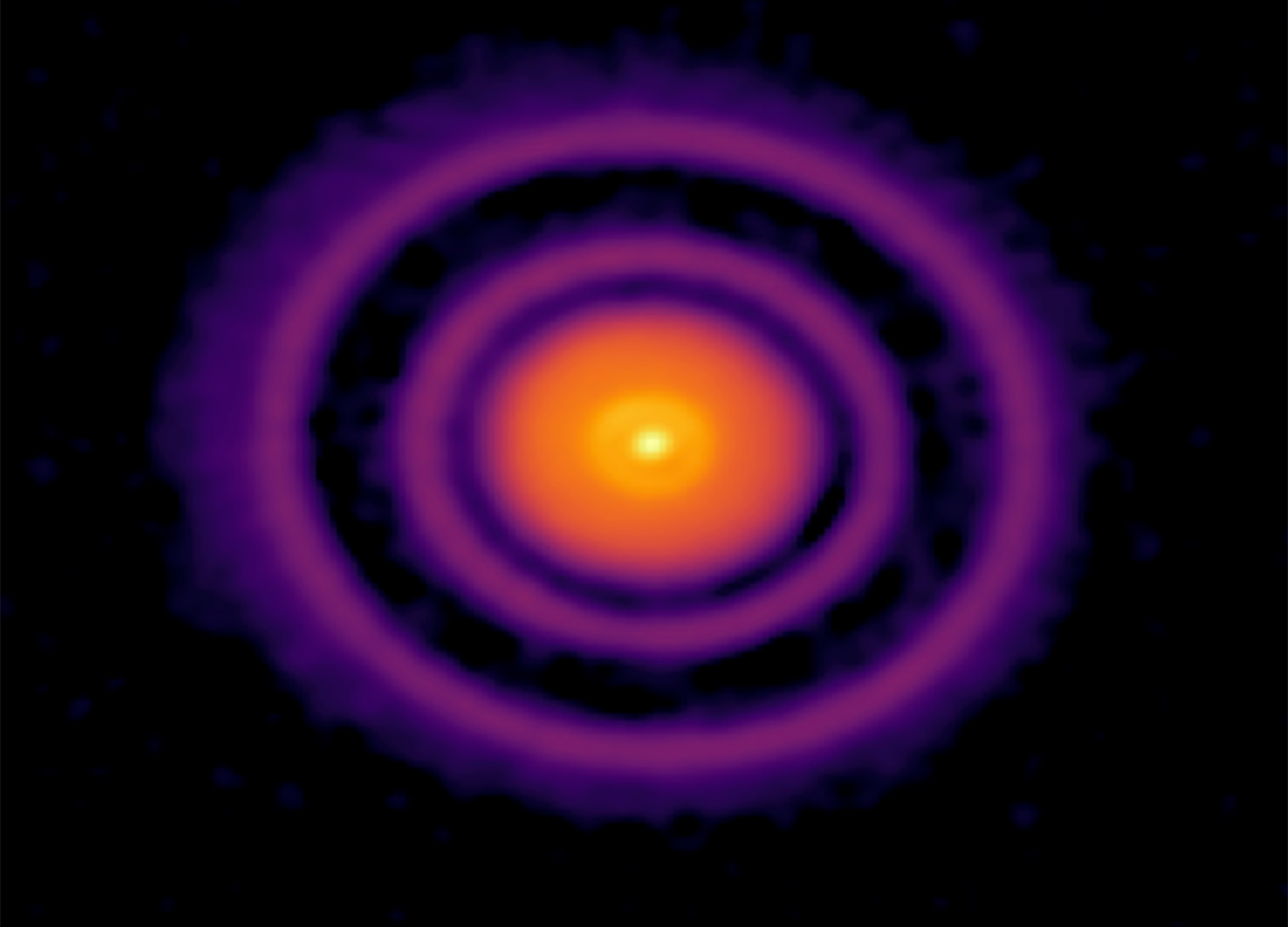 Imagen obtenida con los datos del telescopio ALMA en Chile de AS 209, una estrella de sólo 1.5 millones de años. (Foto Prensa Libre: A. Sierra / The New York Times) 