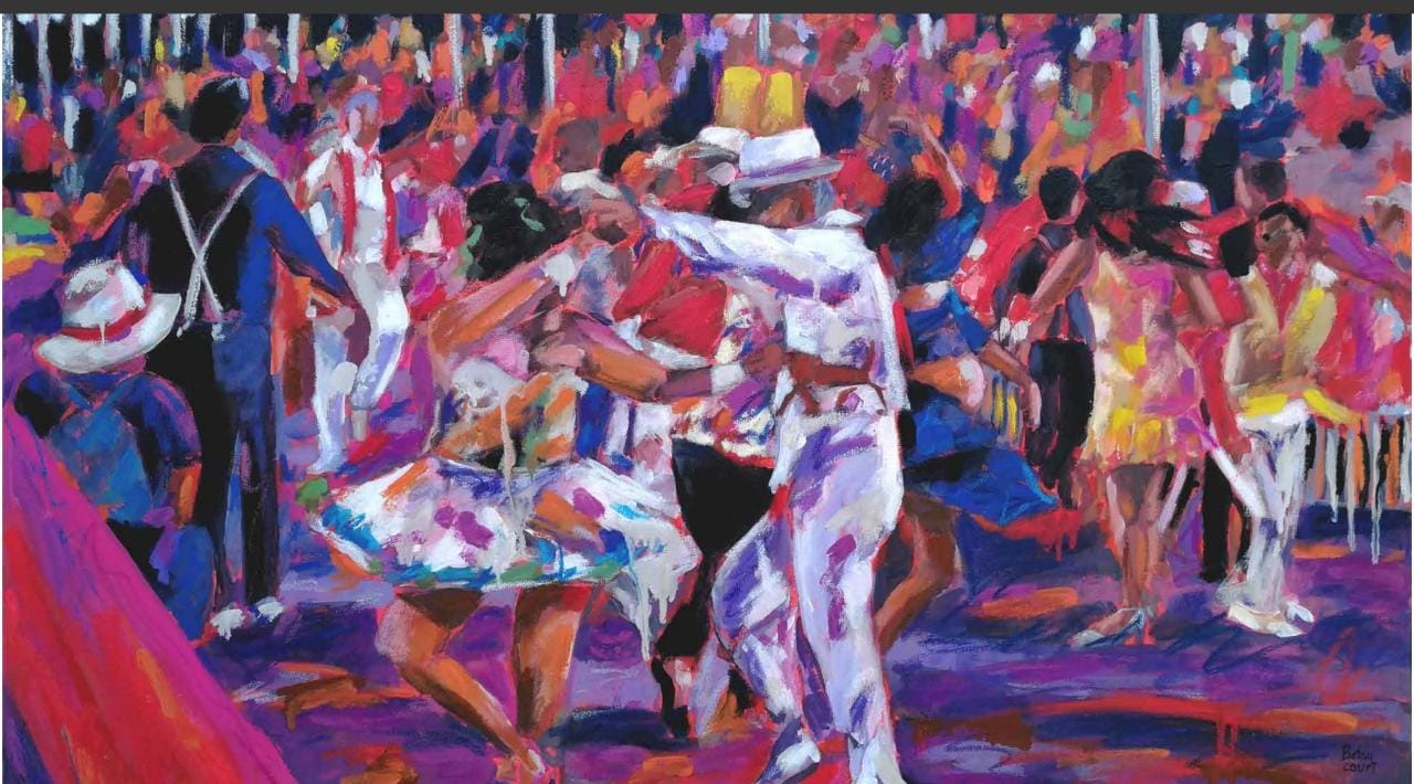 Una pieza dedicada a la música salsa llamada Oiga, mire, vea, de Patricia Betancourt.  La técnica es mita sobre lienzo.    (Foto Prensa Libre: Junkabal)