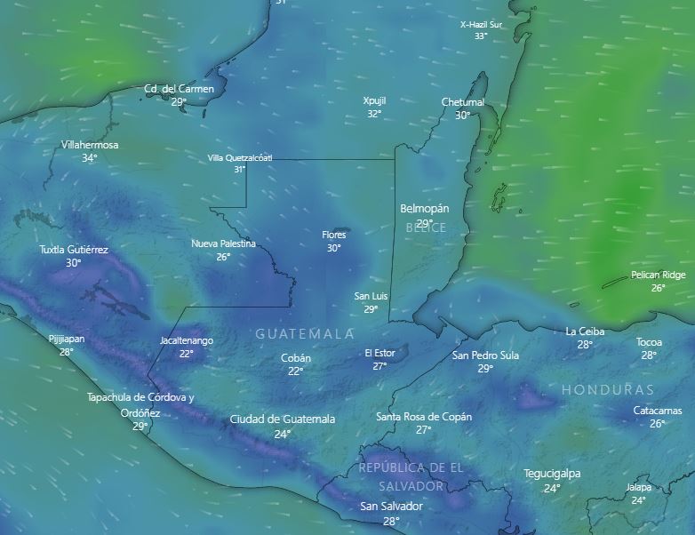 Imagen satelital y de radar de Windy.com sobre Guatemala, en donde se espera lluvias en las próximas horas. (Foto Prensa Libre: windy.com)