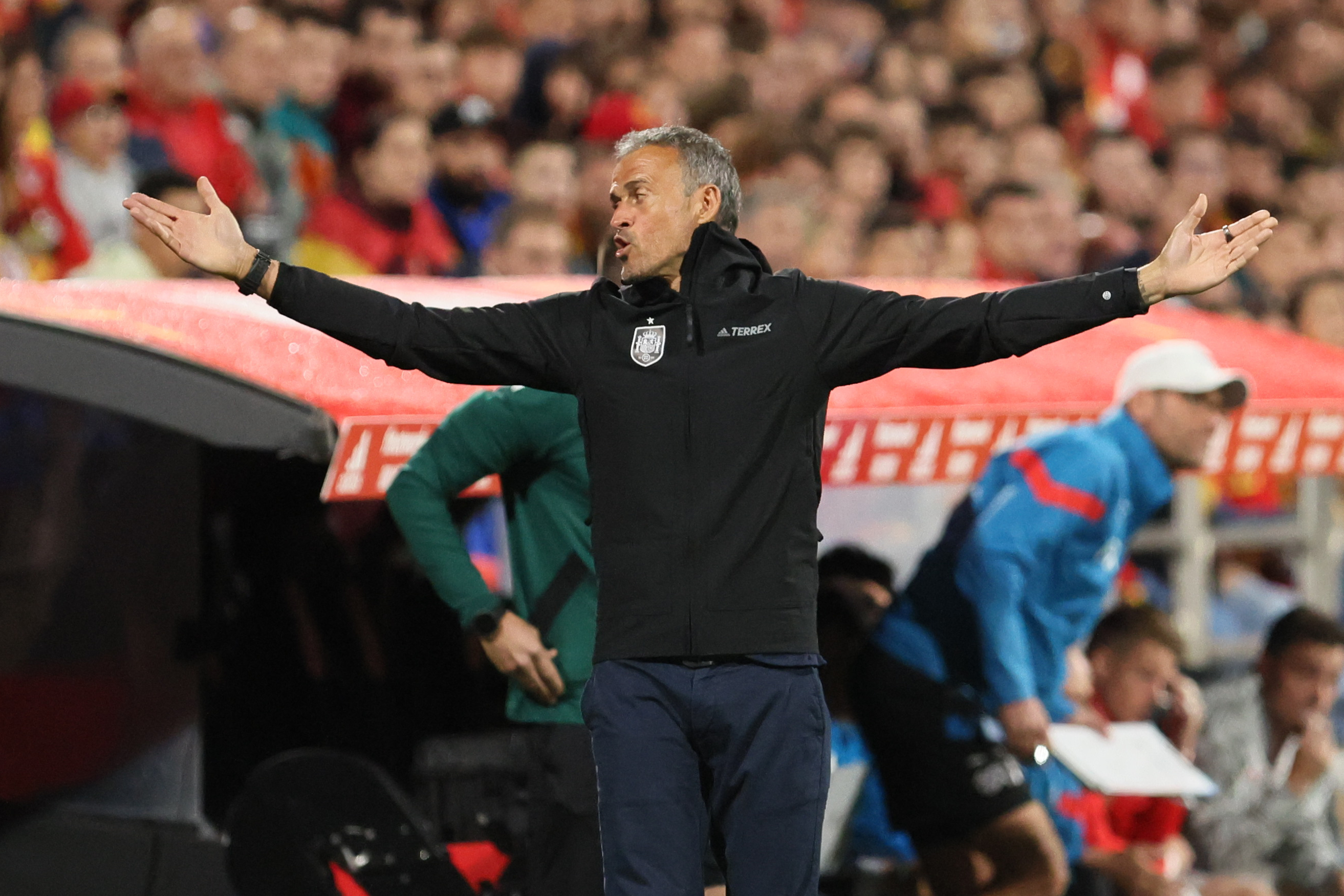 Luis Enrique, seleccionador de fútbol de España, se lamenta durante el partido de la Liga de Naciones que España y Suiza disputan este sábado en el estadio de La Romareda, en Zaragoza. Foto Prensa Libre (EFE)